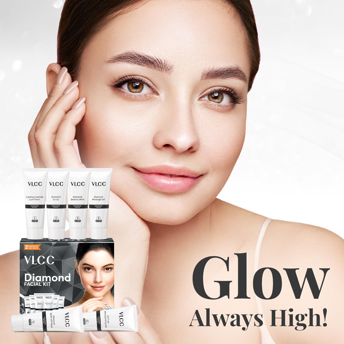 Woman with glowing skin holding VLCC Diamond Facial Kit with text 'Glow Always High!'.