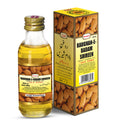 Bottle and box of Raughan-e-Badam Shireen with almonds on a white background