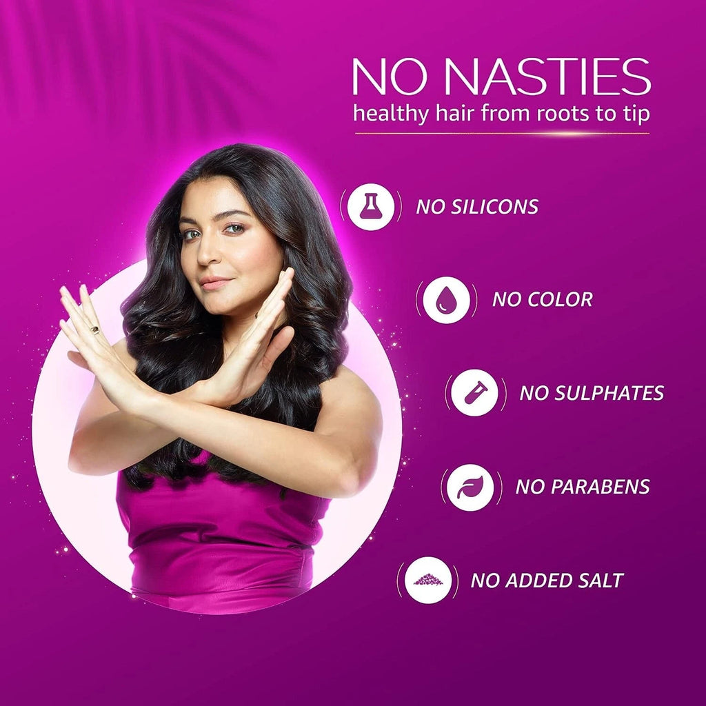 Woman with long hair against a purple background with text about hair care products.