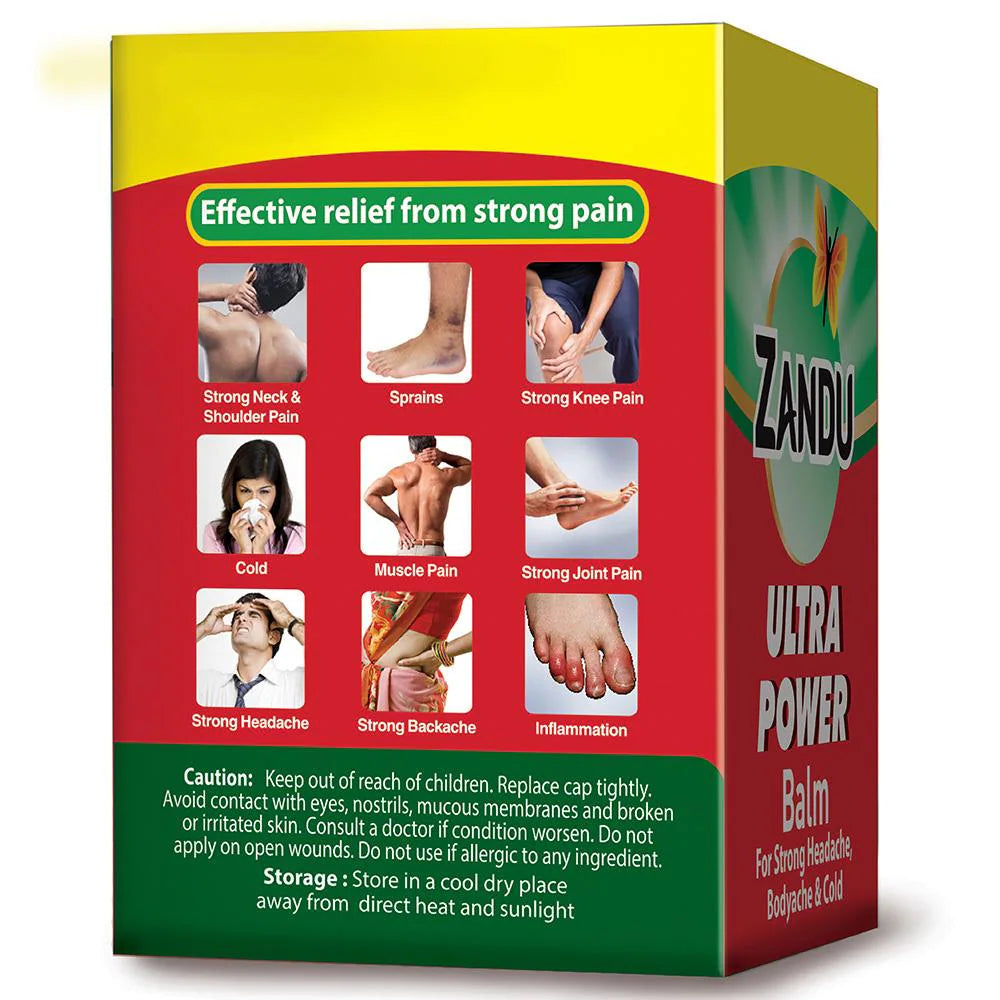 Zandu Ultra Power Balm packaging with images of pain relief applications on a white background