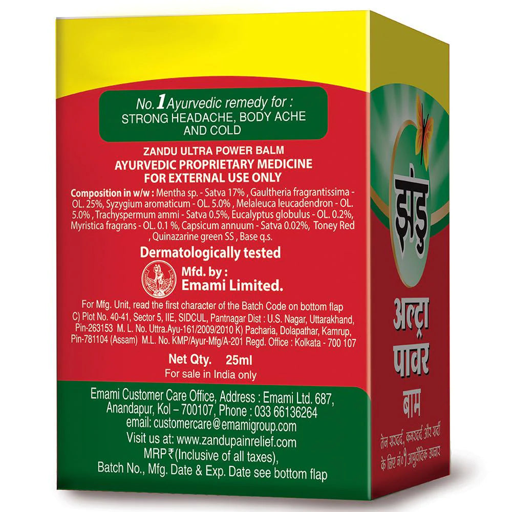 Zandu Ultra Power Balm packaging with red, yellow, and green colors on a white background